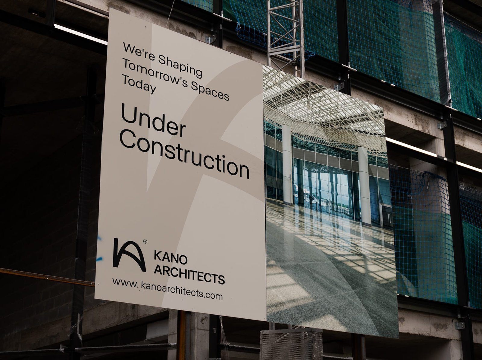 Large facade banner with bold outdoor advertising