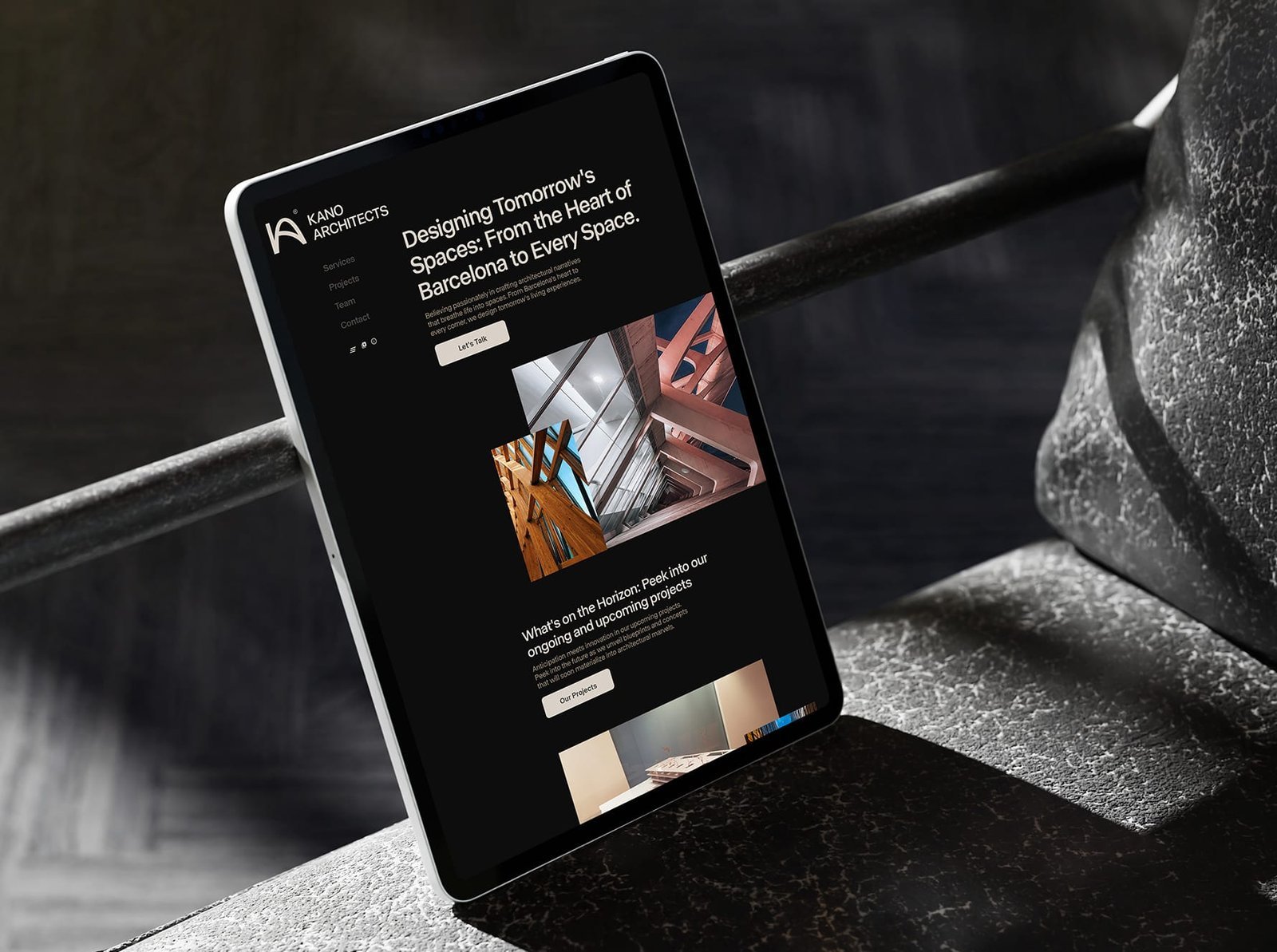 Website on an iPad with a minimalist design, large project imagery and clear navigation